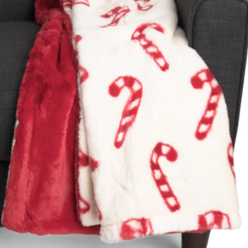 Bella Lux Candy Cane Faux Fur Throw Blanket Red White Christmas Holiday Decor